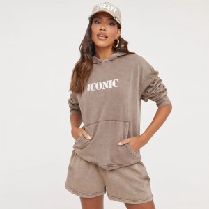 OVERSIZED ‘ICONIC’ SLOGAN PRINTED HOODIE IN ACID WASH MINK