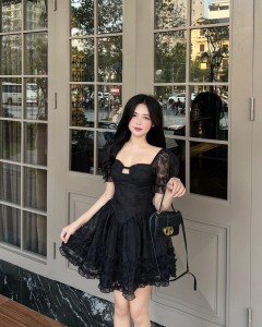 Custom black lace hollow out ruffle sexy mini dress