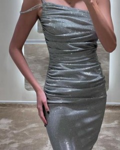 Custom asymmetric shoulder ruched party bodycon mini dress