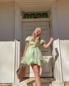 OEM green puff sleeve ruffle sweet  backless mini dress X