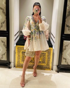 ODM floral print lantern sleeve pretty pleated mini dress
