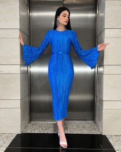 Factory made crew neck wide sleeve tie bodycon elegant midi dress