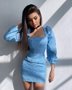 Factory made square collar floral print ruched bodycon mini dress
