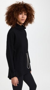 OEM Black loose high neck waist drawstring solid color cotton top