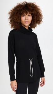 OEM Black loose high neck waist drawstring solid color cotton top