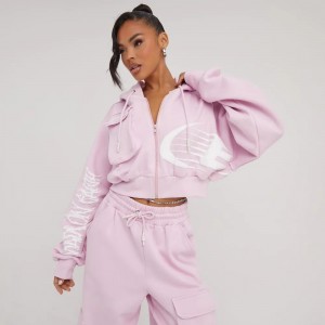 LONG SLEEVE ‘MADE ON EARTH’ GRAPHIC SLOGAN PRINT CROPPED HOODIE IN PINK