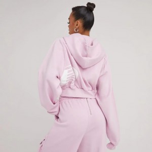 LONG SLEEVE ‘MADE ON EARTH’ GRAPHIC SLOGAN PRINT CROPPED HOODIE IN PINK