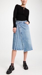 Irregular Design Pleated Patchwork Denim Midi Skirt