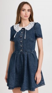 Lace Collar Diamond Buckle Waist A-line Denim Dress