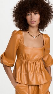 PU Leather Pleated Mid-length Sleeve Top 2 Piece Short Set