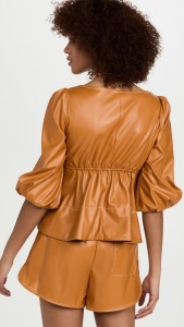 PU Leather Pleated Mid-length Sleeve Top 2 Piece Short Set