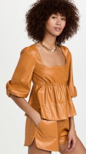 PU Leather Pleated Mid-length Sleeve Top 2 Piece Short Set