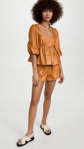 PU Leather Pleated Mid-length Sleeve Top 2 Piece Short Set