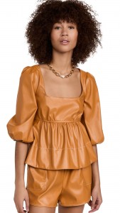 PU Leather Pleated Mid-length Sleeve Top 2 Piece Short Set