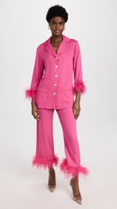 Feathered Cardigan Tops & Straight Leg Slacks Home Pajama Sets