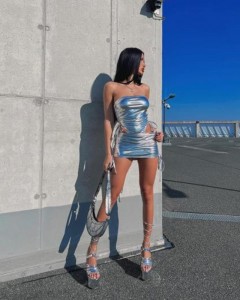 Custom silver PU leather bodycon sexy bandage mini dress