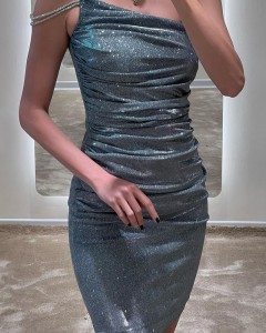 Custom asymmetric shoulder ruched party bodycon mini dress