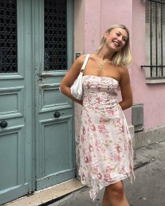 Women custom strapless floral ruffle knee-length dress