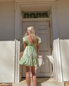 OEM green puff sleeve ruffle sweet  backless mini dress X