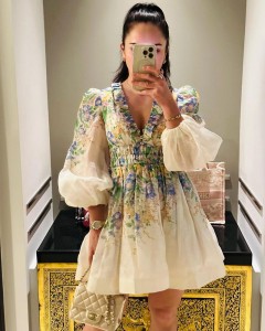 ODM floral print lantern sleeve pretty pleated mini dress
