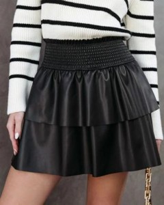 Made in factory PU high elastic waist ruffle black mini skirt