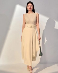 Custom high waist asymmetrical hem buckled belted skirt