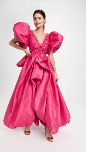 Fashion Design V-neck Ruffle Puff Sleeves Midi Dress
