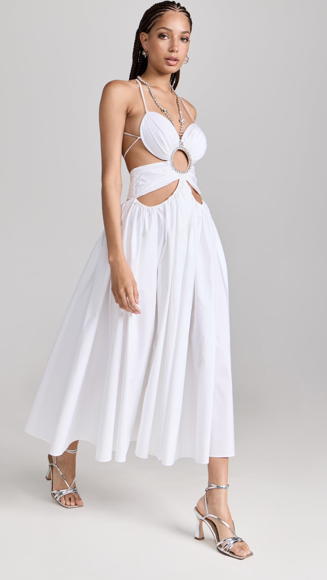 Hollow Out Sexy Backless Beading Halter Midi Dress