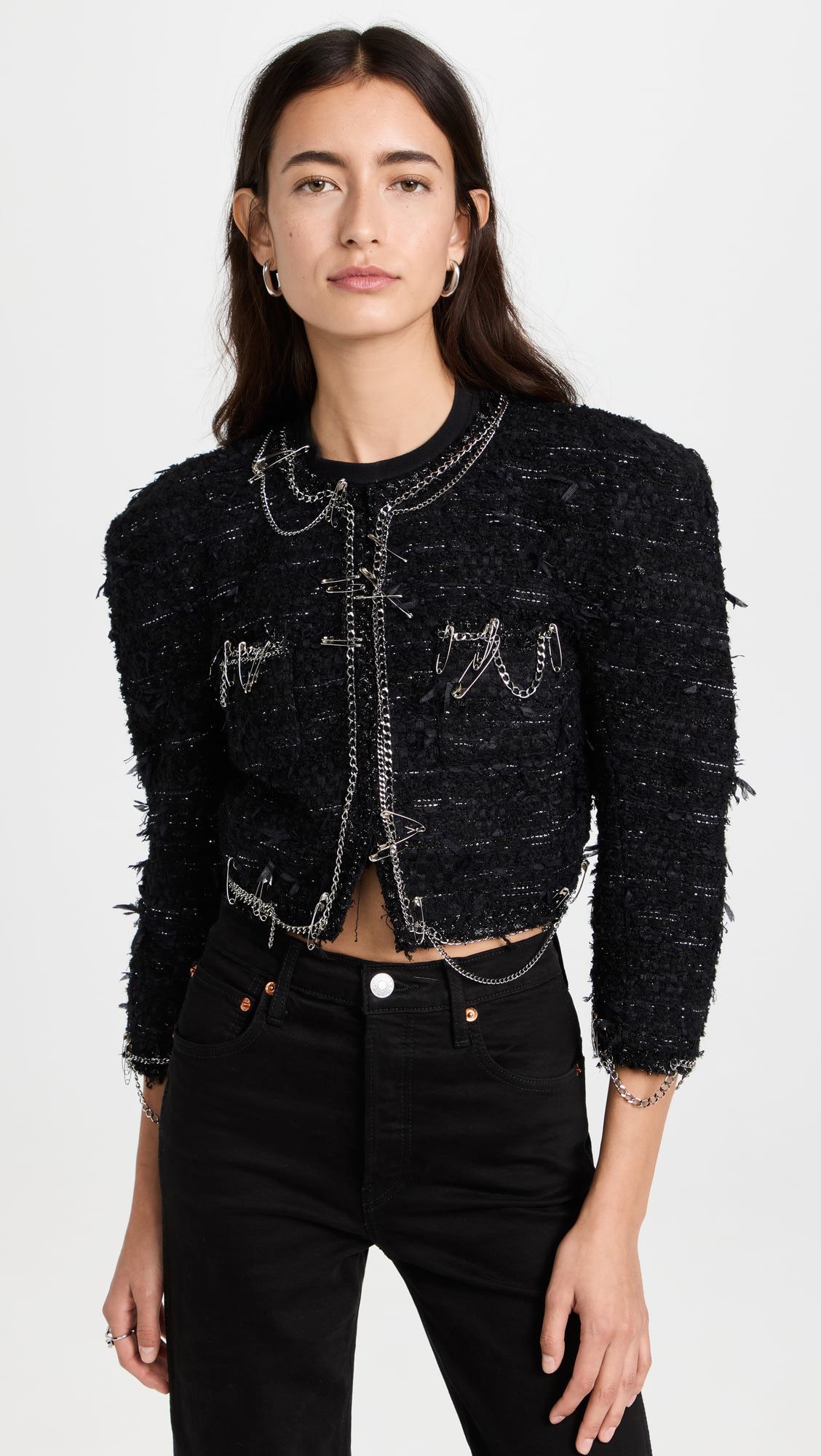 New Style Button Pin Chain-decorated Thick Tweed Short Jacket