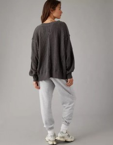 Oversized Big Hug Waffle V-Neck Sweatshirt