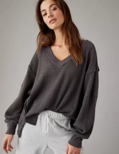 Oversized Big Hug Waffle V-Neck Sweatshirt