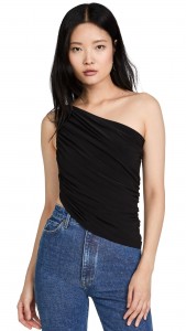 Sloping shoulder asymmetrical off-the-shoulder pleated black vest