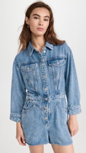 Suit Collar Pocket Trim Waist Straight-leg Denim Romper Shorts