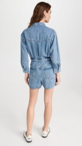 Suit Collar Pocket Trim Waist Straight-leg Denim Romper Shorts