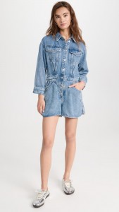 Suit Collar Pocket Trim Waist Straight-leg Denim Romper Shorts
