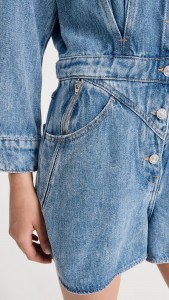 Suit Collar Pocket Trim Waist Straight-leg Denim Romper Shorts