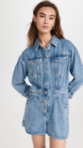 Suit Collar Pocket Trim Waist Straight-leg Denim Romper Shorts
