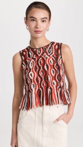 Colour Mixture Sleeveless Hollow Out Fringe Hem Knit Top
