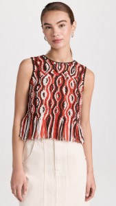 Colour Mixture Sleeveless Hollow Out Fringe Hem Knit Top