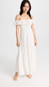 Cotton Stripe Off Shoulder Ruffle Maxi Dress