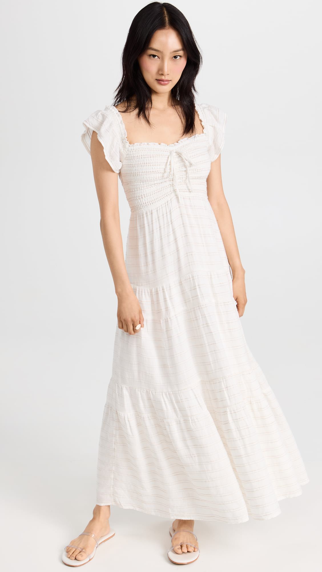 Cotton Stripe Off Shoulder Ruffle Maxi Dress