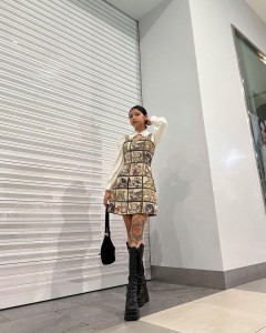 Cat print retro temperament design sense waist dress