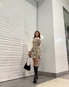 Cat print retro temperament design sense waist dress