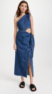 One-shoulder Tailored Waist Strap Slit Raw Hem Denim Midi Dress