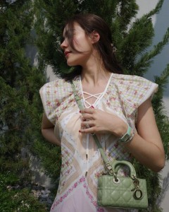 Printed small flying sleeve lace lace lace lace up dress