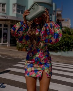 ODM bubble sleeve printed tight sexy jumpsuit mini skirt