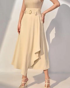 Custom high waist asymmetrical hem buckled belted skirt