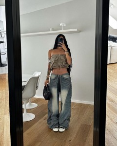 Custom strapless drawstring pocket zipper crop top