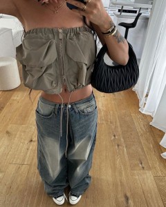 Custom strapless drawstring pocket zipper crop top