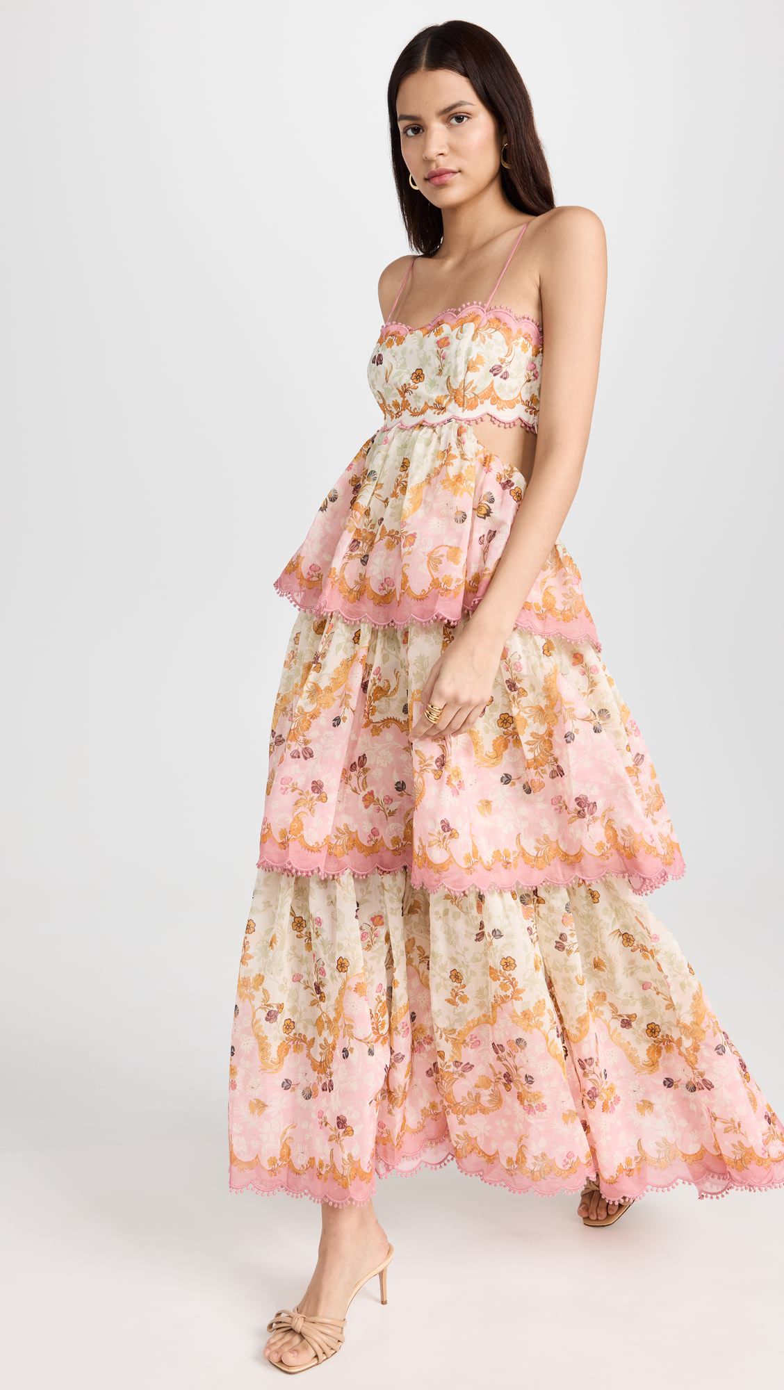 Elegant floral Printing backless frilly halter cake maxi dress